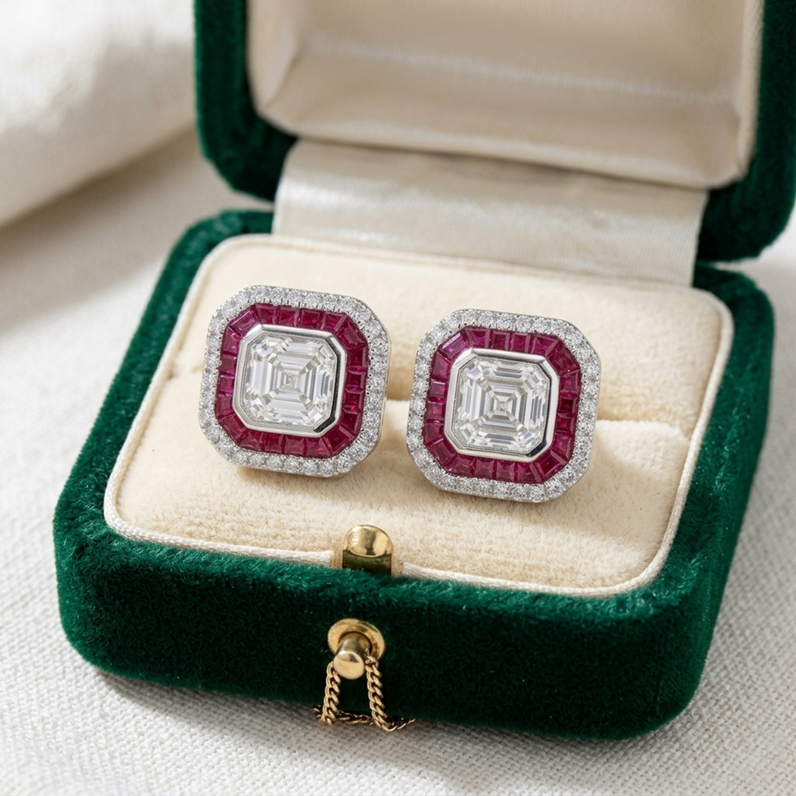 14K Gold Bezel Set Pink Baguette & Asscher Cut Simulated Diamond Stud Earrings