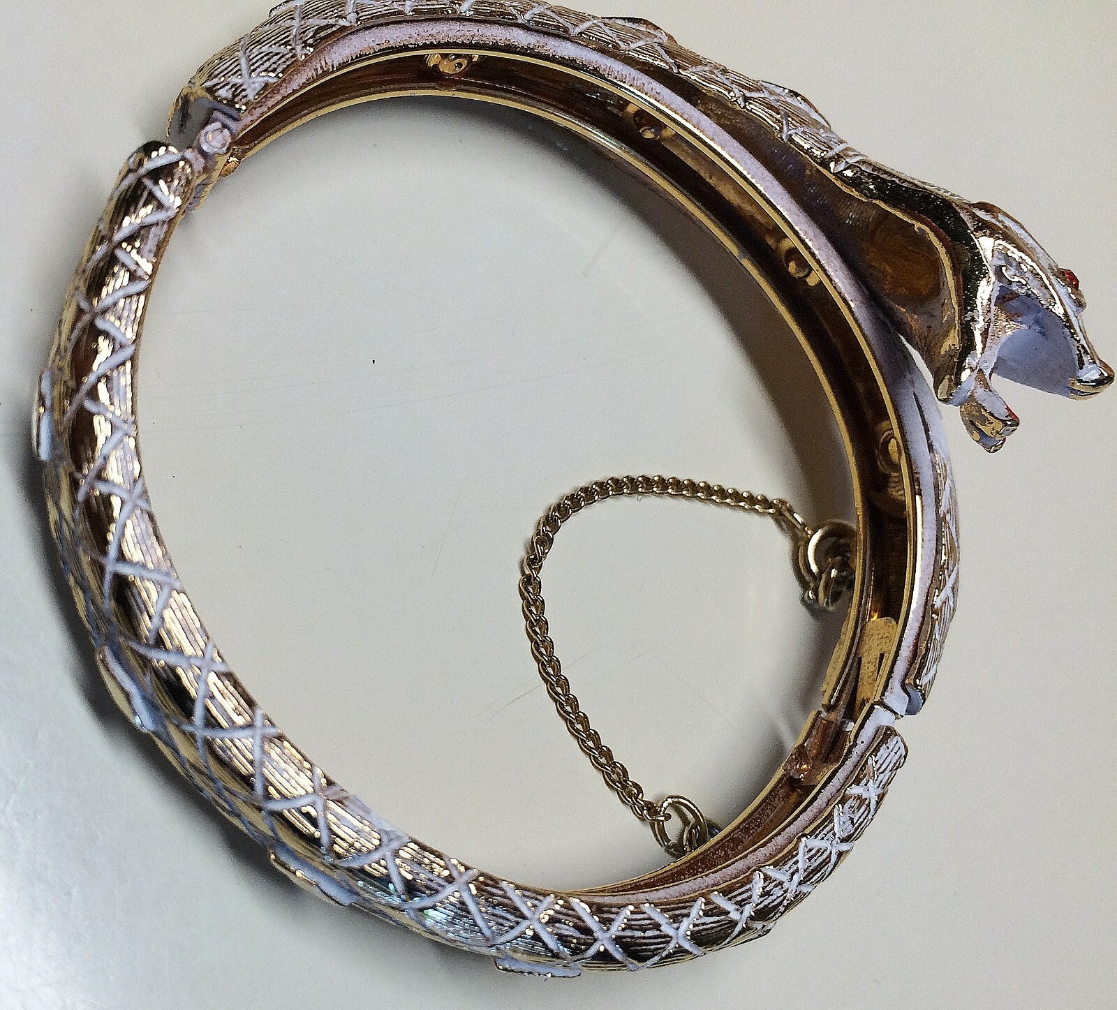 ~Scarce!~ART~Vintage~SNAKE Cuff BRACELET~Safety Chain~GOLD, WHITE & RED Enamel~