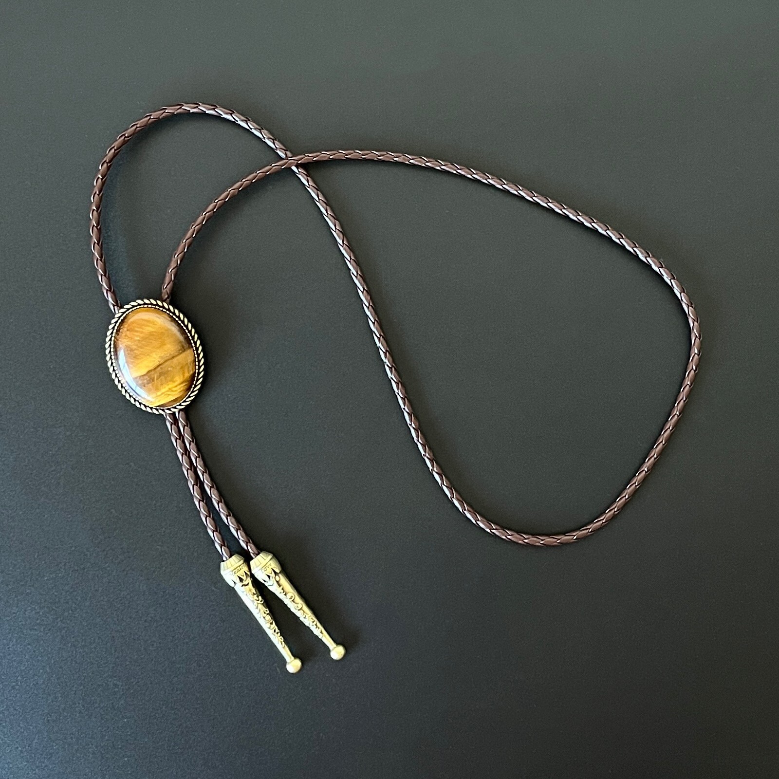 Natural Tiger’s Eye Stone Bolo Tie Western Cowboy Alloy PU Rope Wedding Necklace