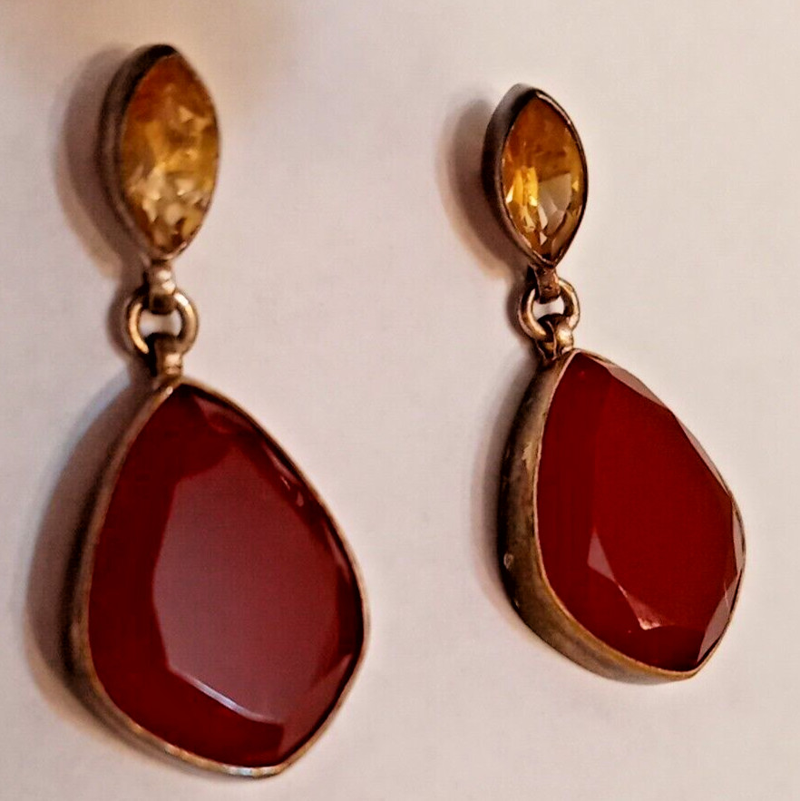 Red Onyx & Citrine Gem Stone Pure Silver-Plated Brass Earrings
