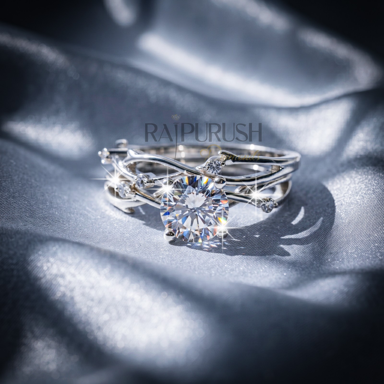 Round Moissanite Engagement Ring Set Nature-Inspired Vine Band Sterling Silver