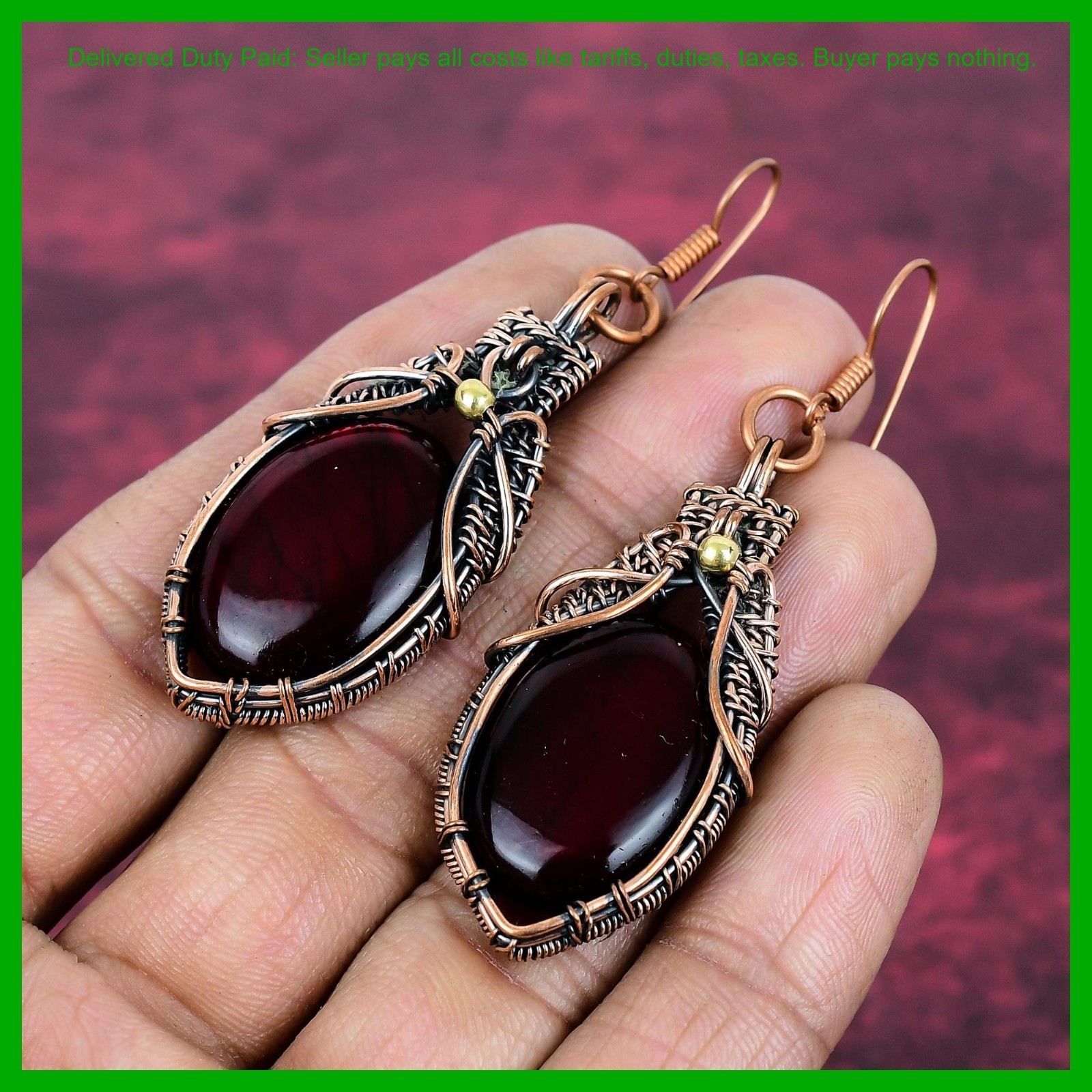 Red Fire Labradorite Gemstone Copper Dangle Drop Wire Wrapped Earrings Jewelry