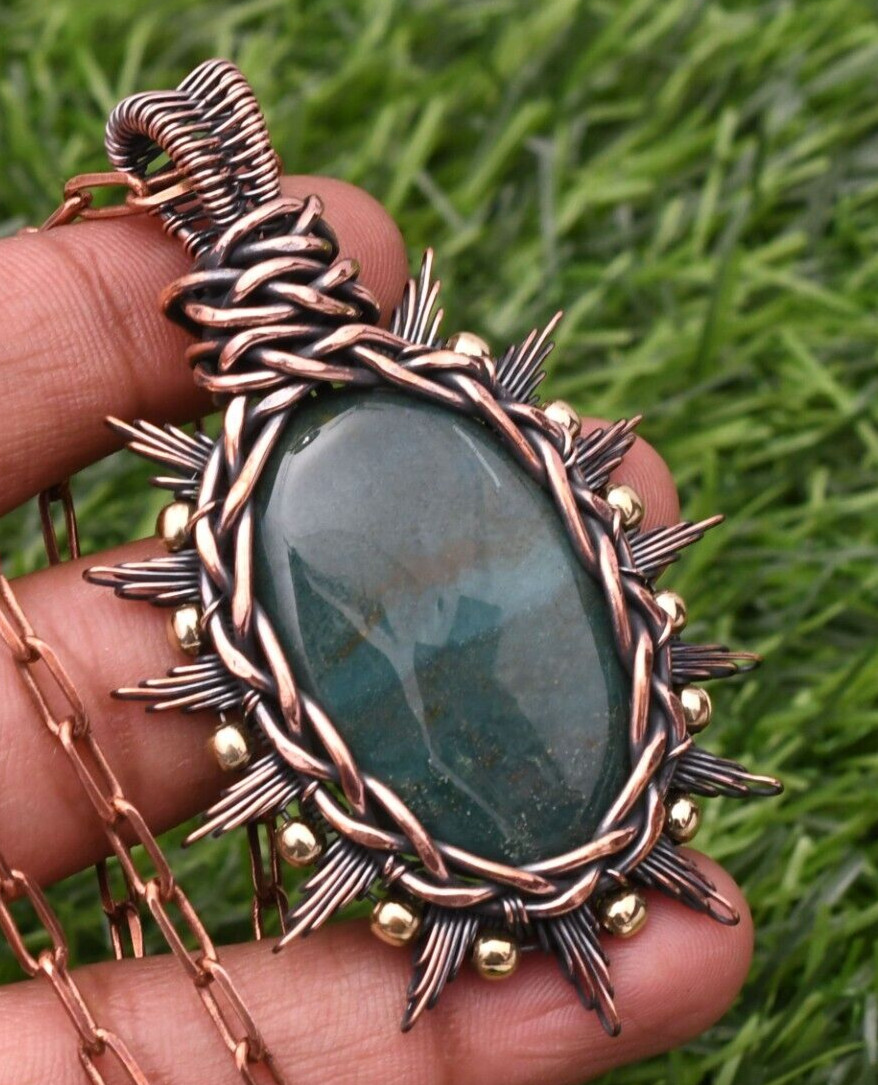 Blood Stone Gemstone Copper Wire Wrap Handmade Jewelry Pendant 2.28″