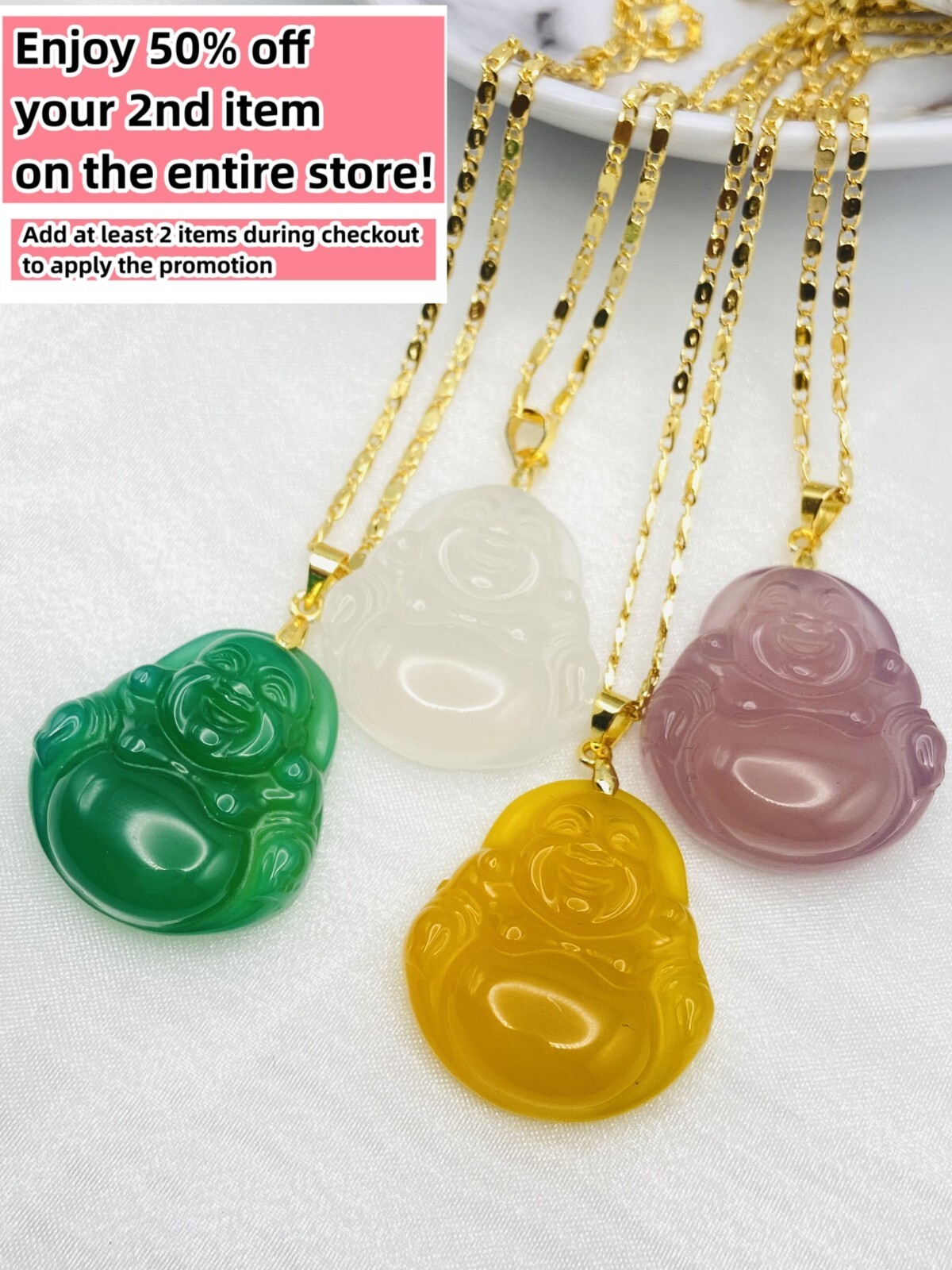 Jade Smiling Buddha Pendant Charm Necklace W/ 18K Gold Plated Chain Handmade