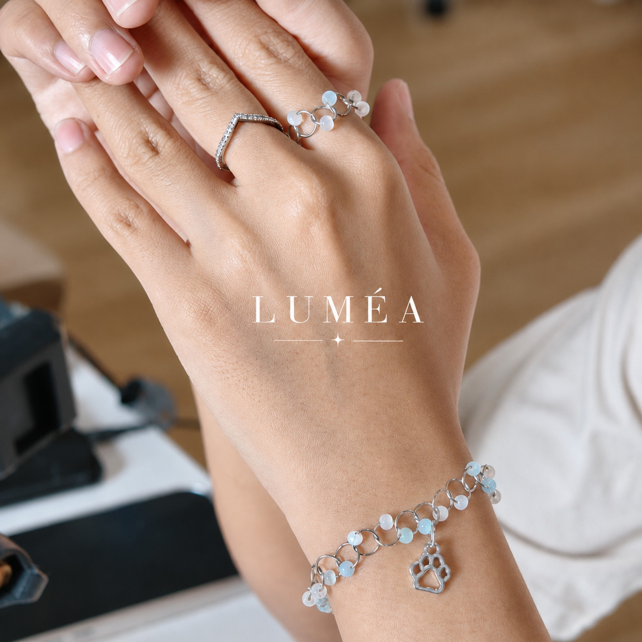 LUMÉA Handmade Cat Eye Glass Bead Bracelet – Aqua Mint & Moon Pearl White