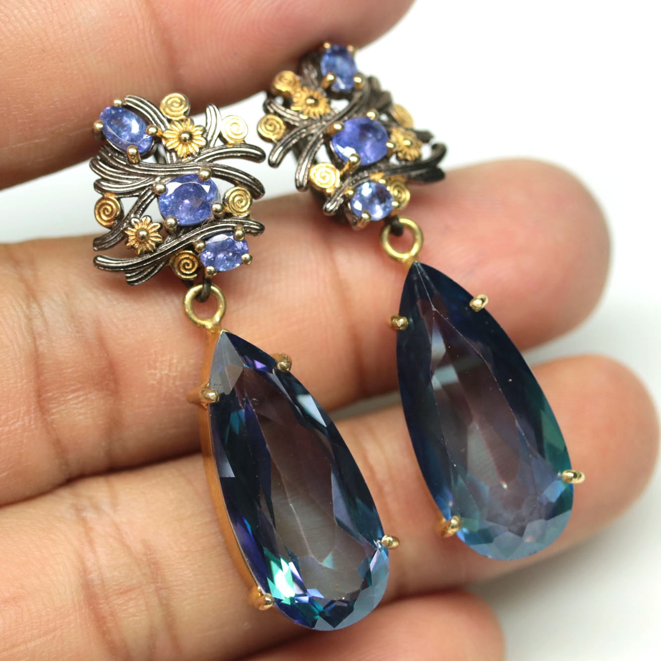 925 Silver Azotic Multicolor Topaz & Tanzanite Handmade Two Tone Earrings