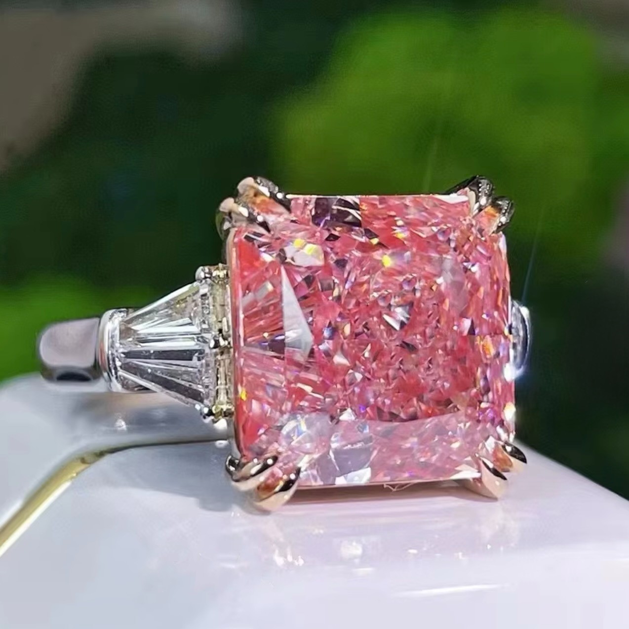 925 Silver, Pink Diamond Ring with Accents, 10 Ct Certified Treated-Great Shine