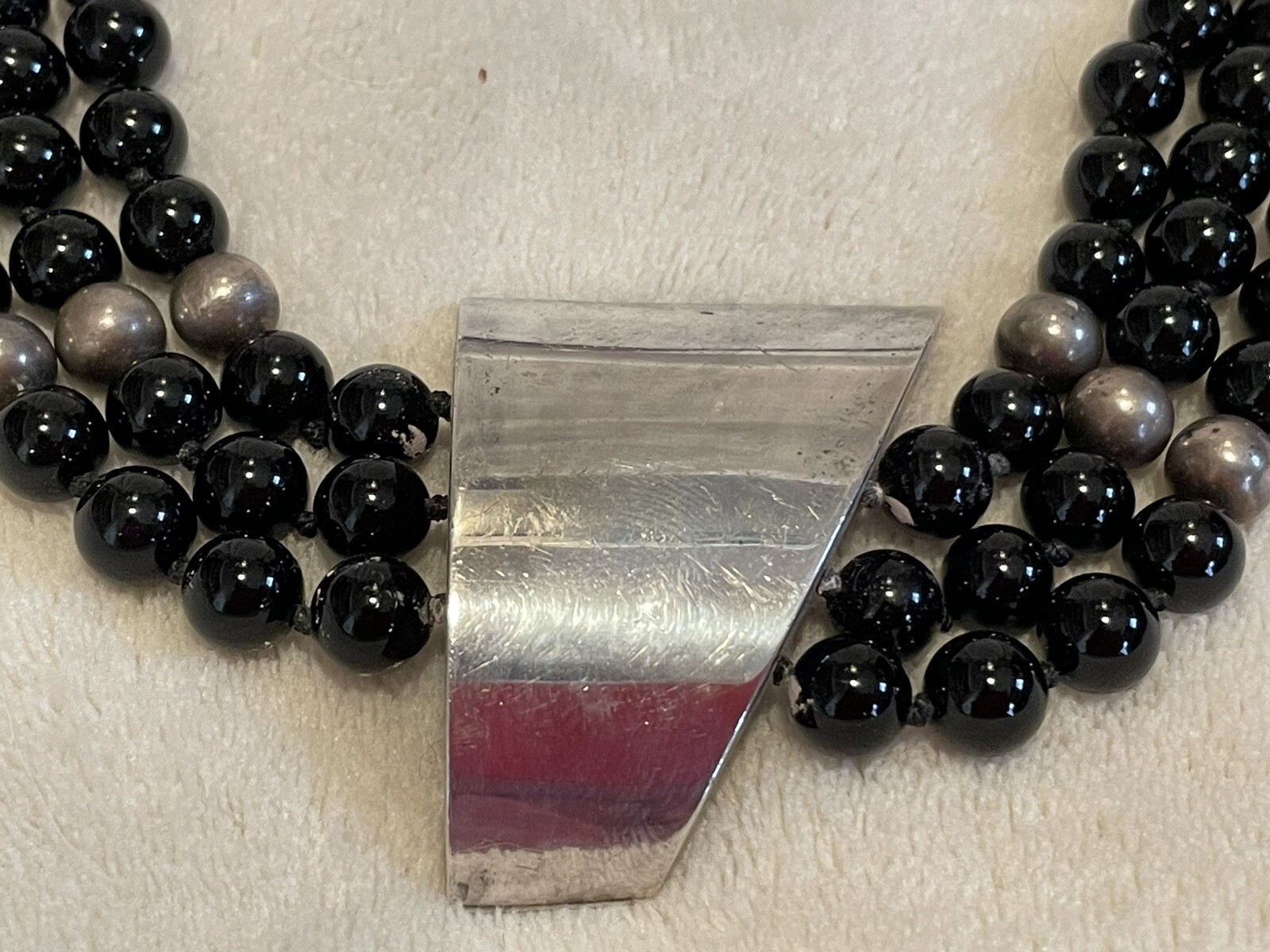 SUSAN CUMMINGS Sterling 3 Strand Multi Onyx Black Bead Necklace Pendant Signed
