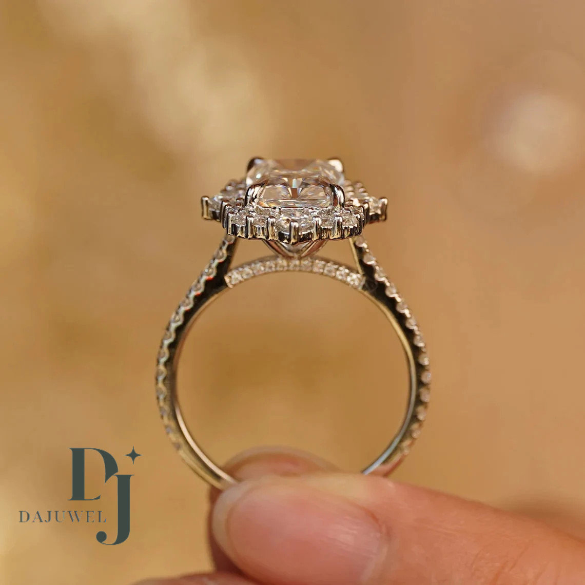 F/VVS1 Moissanite Halo Engagement Ring Solid 14K White Gold 2.50 CT Radiant Cut