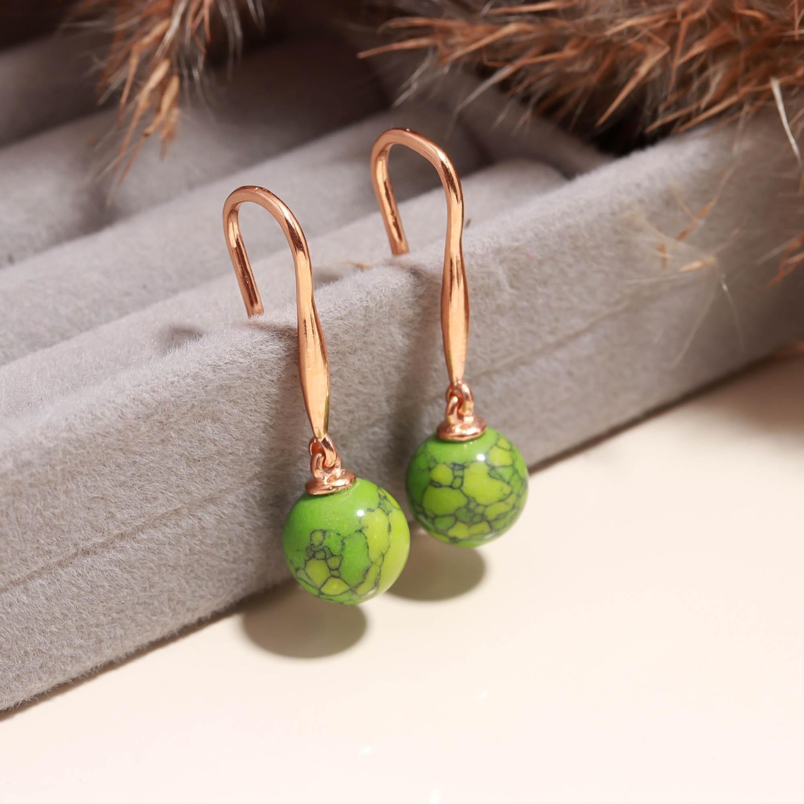 Natural Green Jasper Ball Dangle Earrings Rose Gold Plated Solid Silver Jewelry