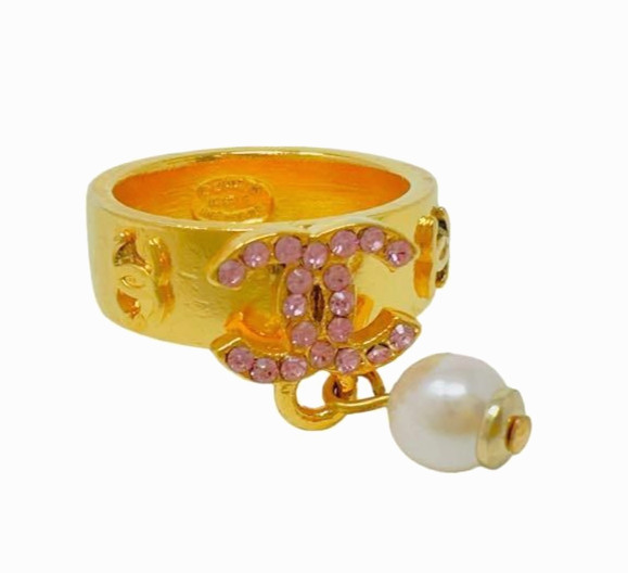 CHANEL Ring Coco Mark Logo Gold Tone Pink Rhinestones Size JP13 US6.25 EU53 02P
