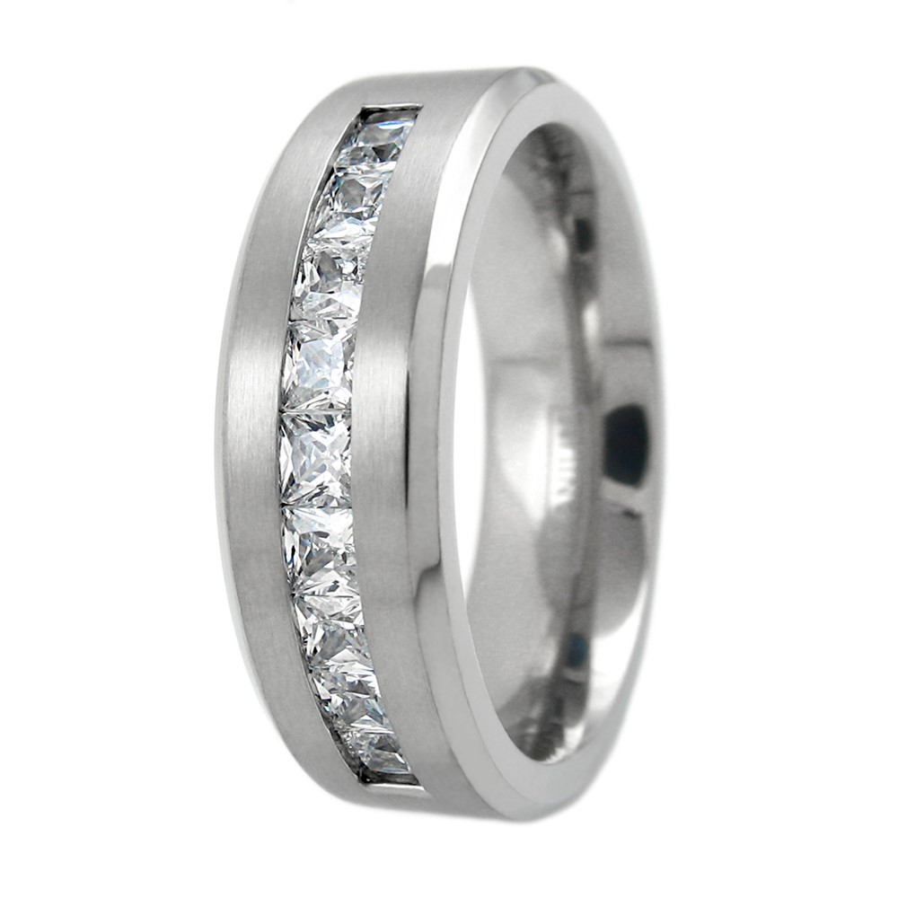 8mm Titanium Men’s 1.8 Carat Princess Cut CZ Brushed Center Wedding Band Ring