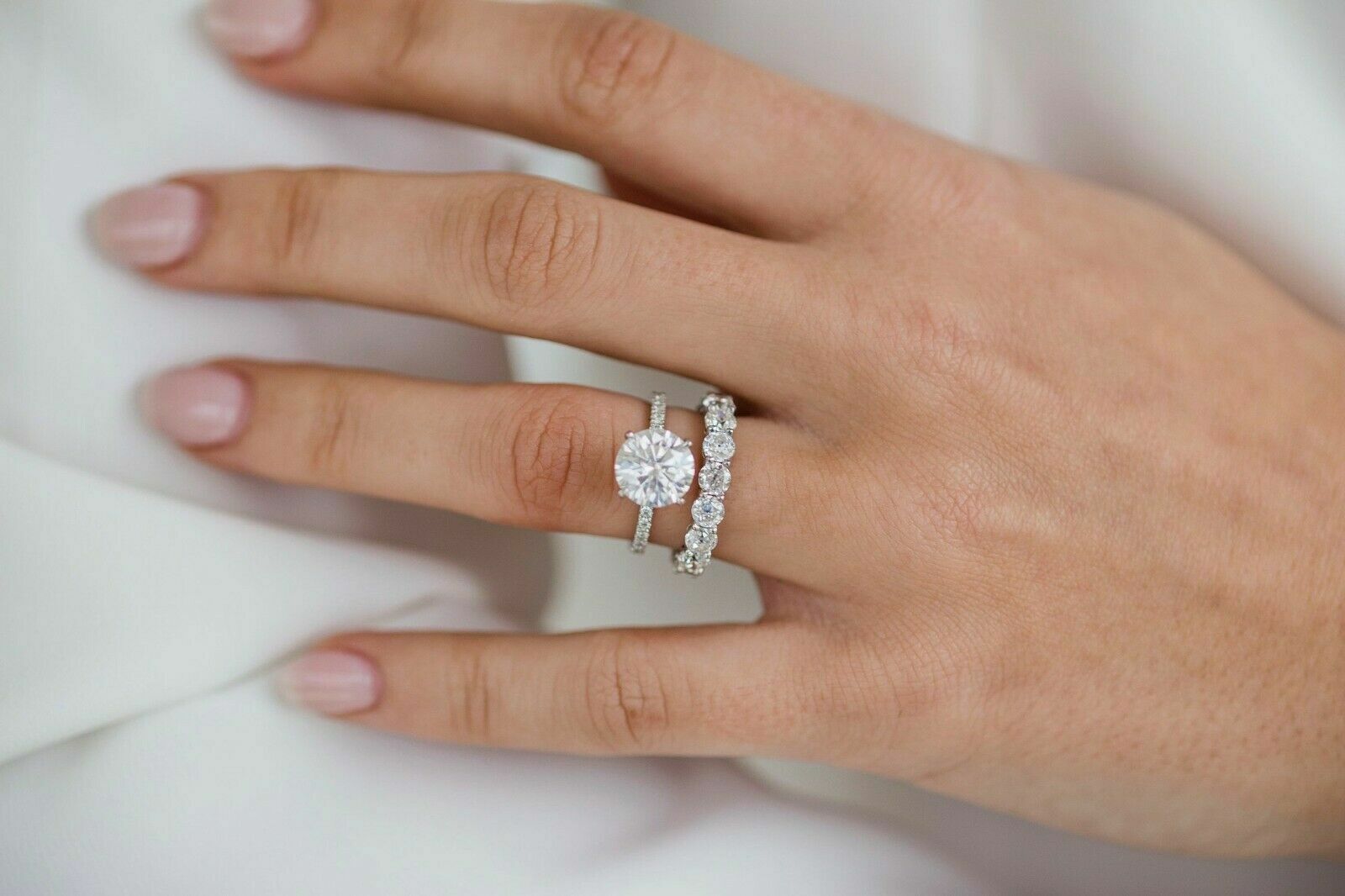 3.Ctw Round Cut White Moissanite Engagement Ring With Band 14k White Gold Size 5