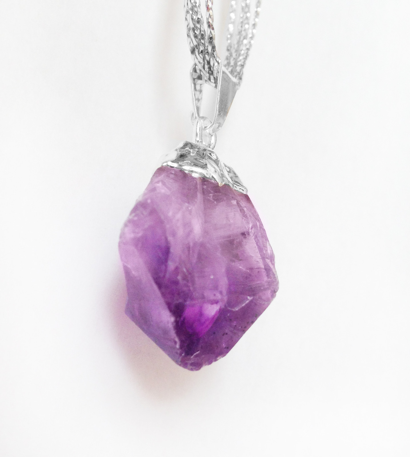Natural AMETHYST Point Pendant Chakra Crystal Silver Necklace HANDMADE Protect