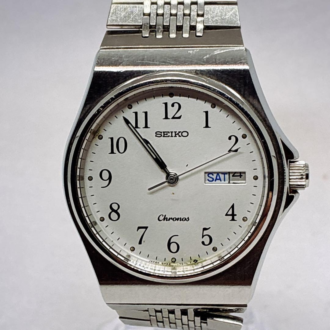 [Rare] SEIKO 5H23-7020 Day-Date Quartz Silver Watch, Working Condition