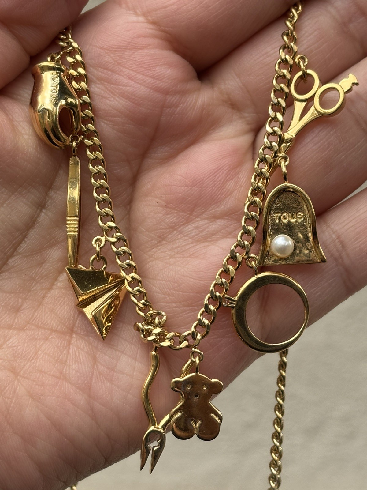 TOUS Silver Vermeil Job Charms Necklace Gold Plated Pearl Topaz Bear Pendant 16”