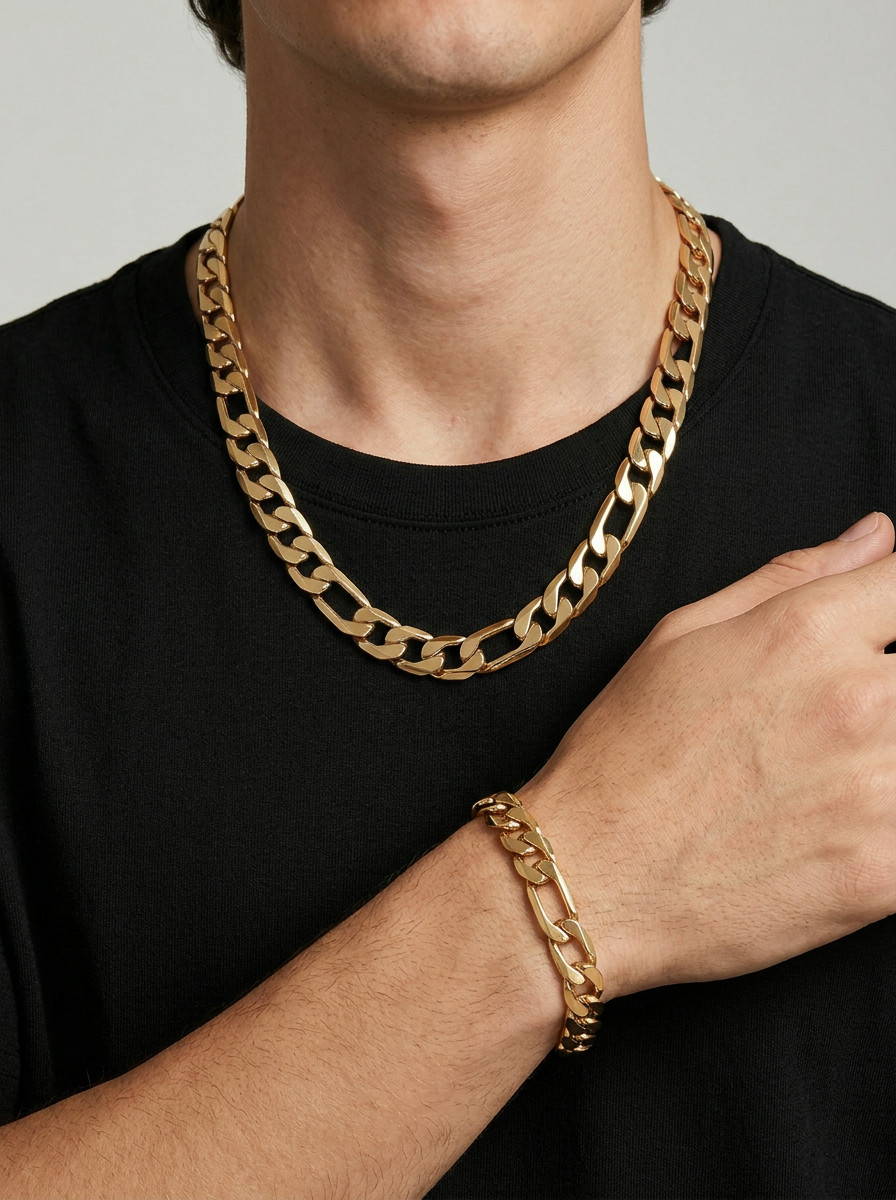 Large 12mm Flat Figaro Chain Necklace: 14k Heavy Gold Plated, 12mm Bracelet Set