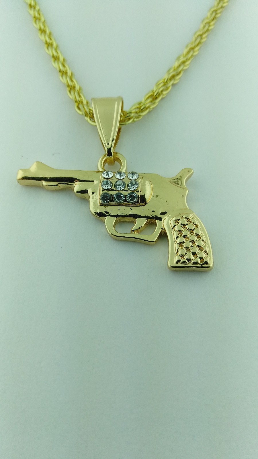 Revolver Gun Pendant with white stones Gold Plated and chain Dije de Revolver