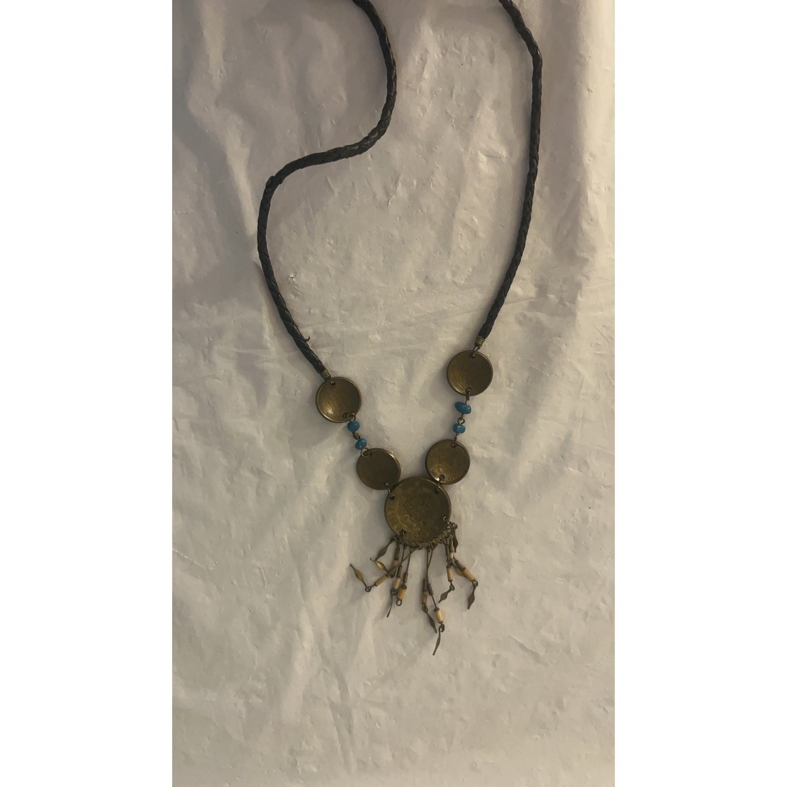Vtg 70s South American Llama Coin & Bead Statement Necklace Boho Leather Cord