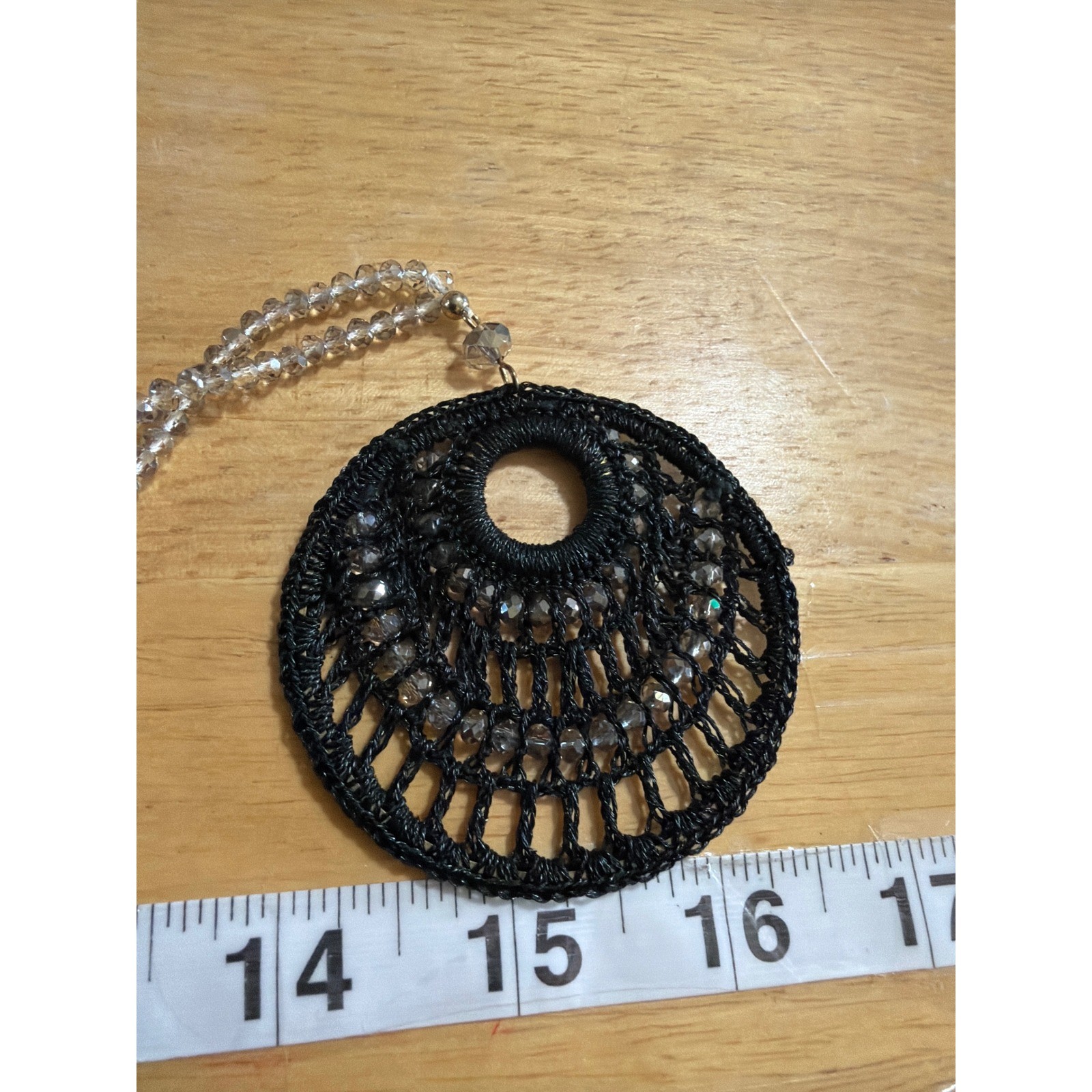 Black Crochet Lace Beaded Statement Necklace Gold Tone Boho Circle Pendant Boho