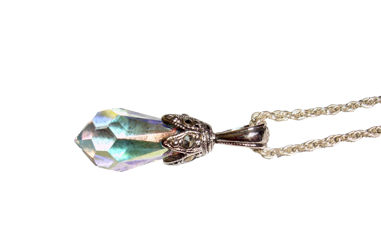 Silver Tone Necklace W/ A Faceted Tear Drop Crystal Pendant & Marcasite Stones