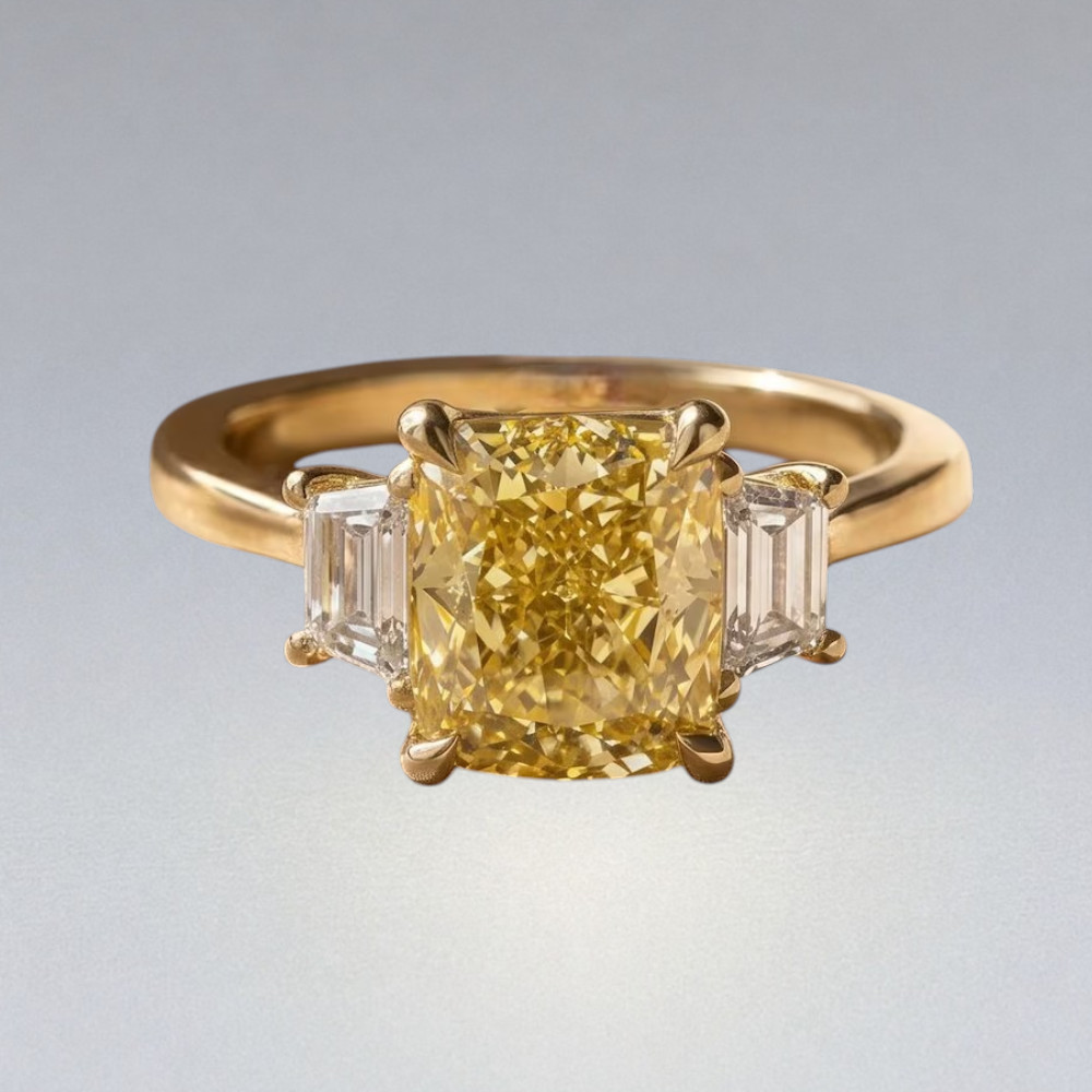 3.80 CT Radiant 14K Yellow Gold Diamond Ring Fancy Vivid Yellow IGI Lab Created