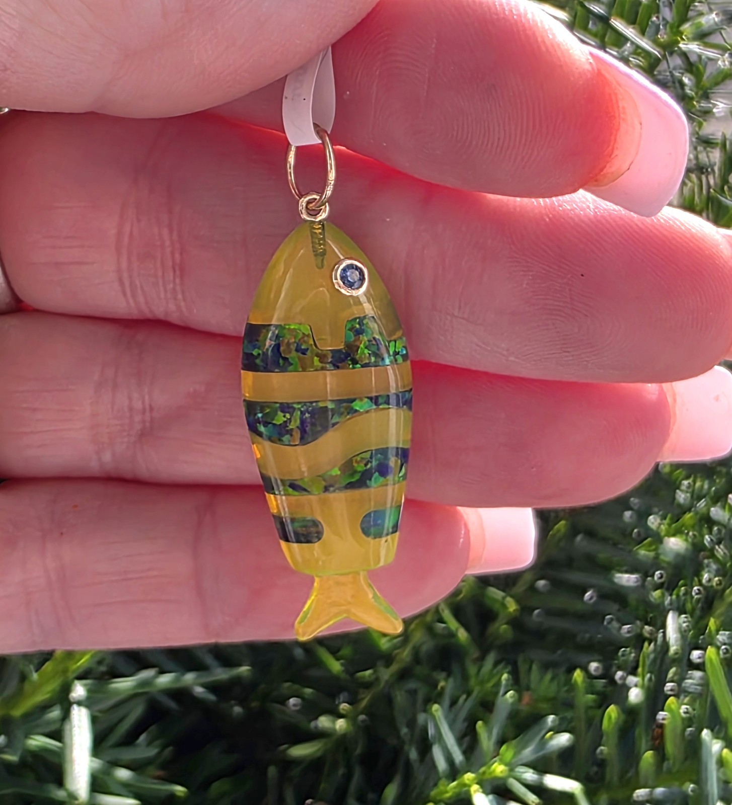Opal & Green Quartz Fish Pendant In 14k Gold
