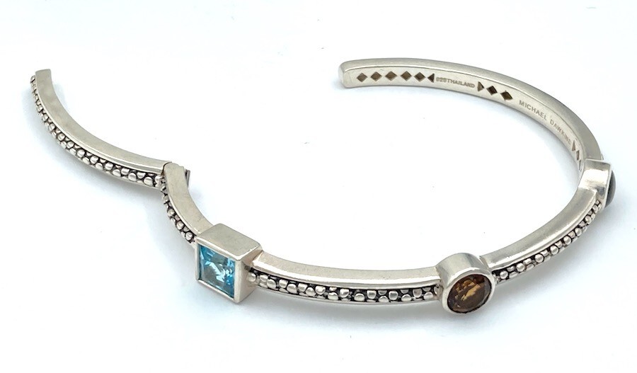 Michael Dawkins Pebbled Sterling Smoky & Blue Topaz MOP Hinged Bangle 22.4g
