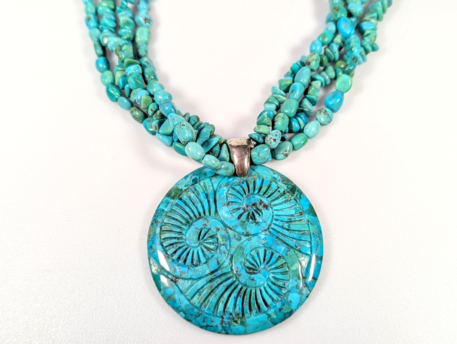 Vtg SX 925 Sterling Silver Turquoise Bead Multi Strand Medallion Necklace 108g