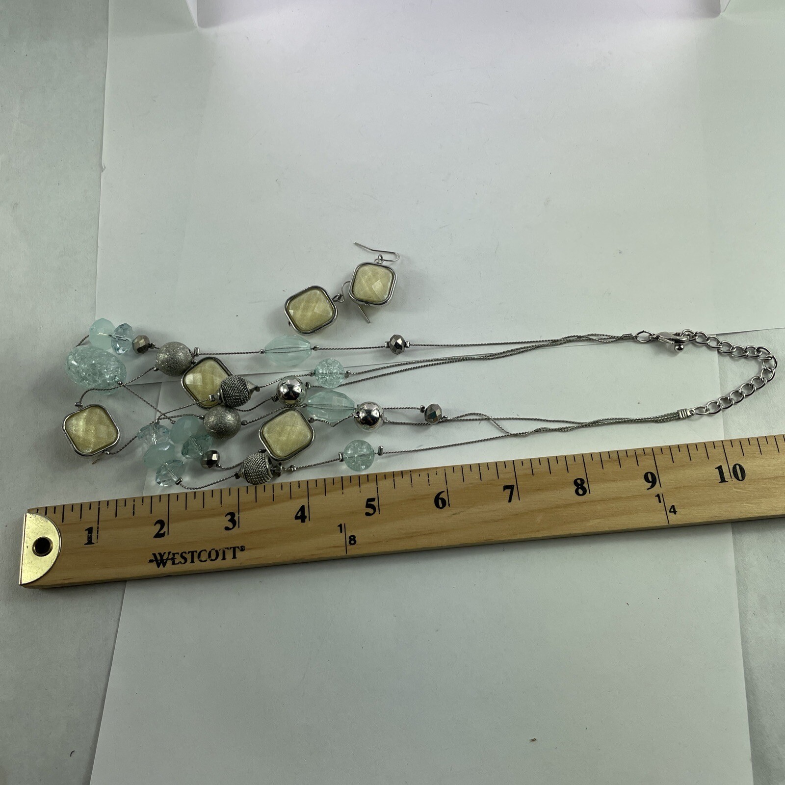 Necklace & Earrings Set, Beaded, Stones, Ivory & Blue, Silver Toned, Layered