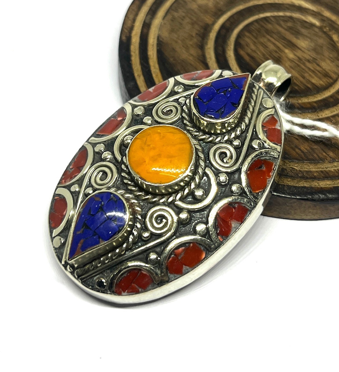 Tibetan Coral Lapis Amber Gemstone Buddhist Statement Pendant Jewelry, 2.2 inch