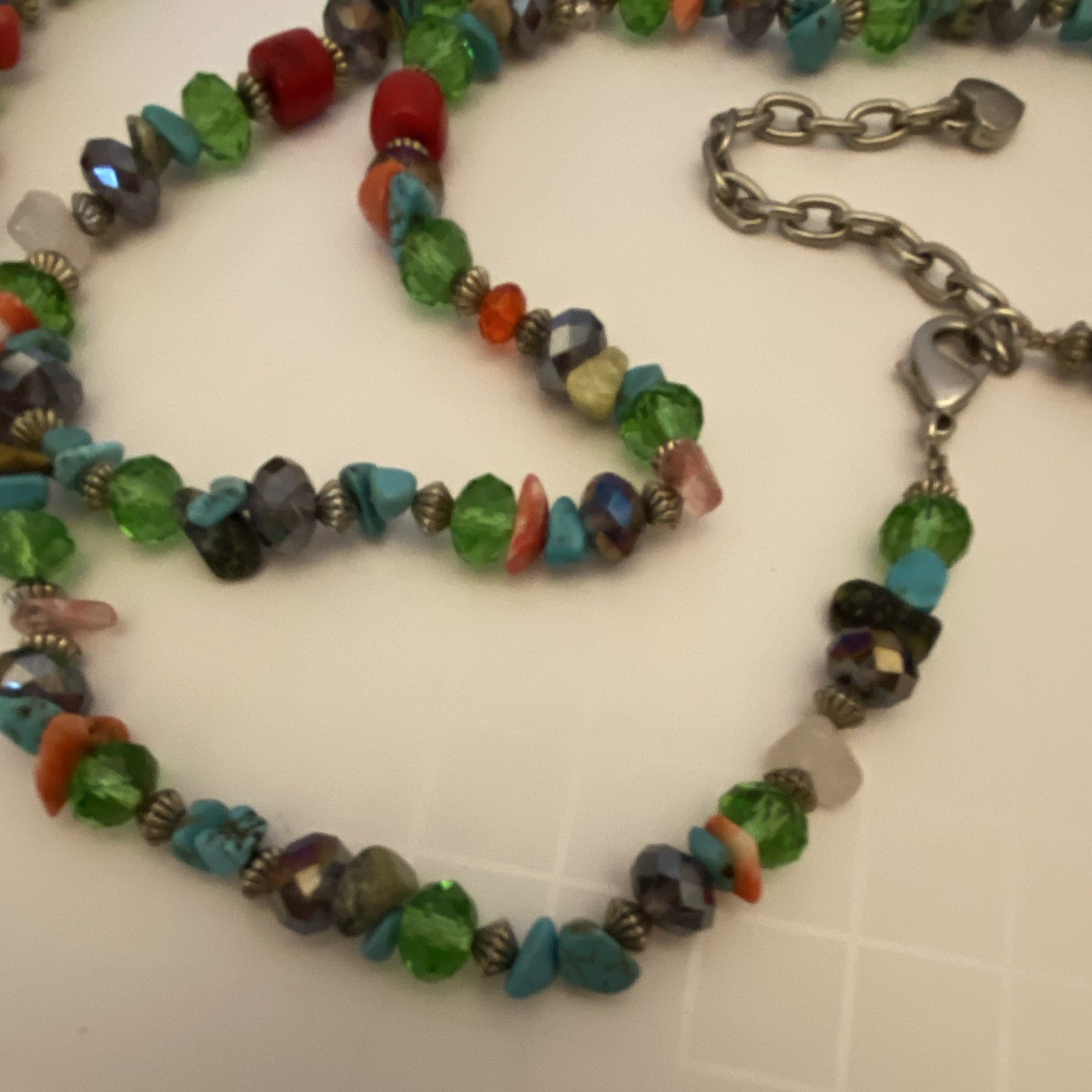 Multicolor Glass Beaded Necklace with Crystal Accents Extender Lobster Clasp
