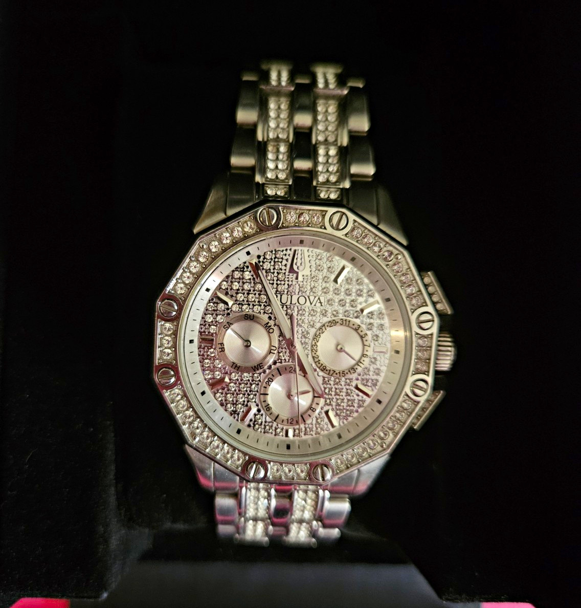 Bulova Crystal Quartz Day/Date 41mm Silver Dial SS Bracelet Watch w/ Box