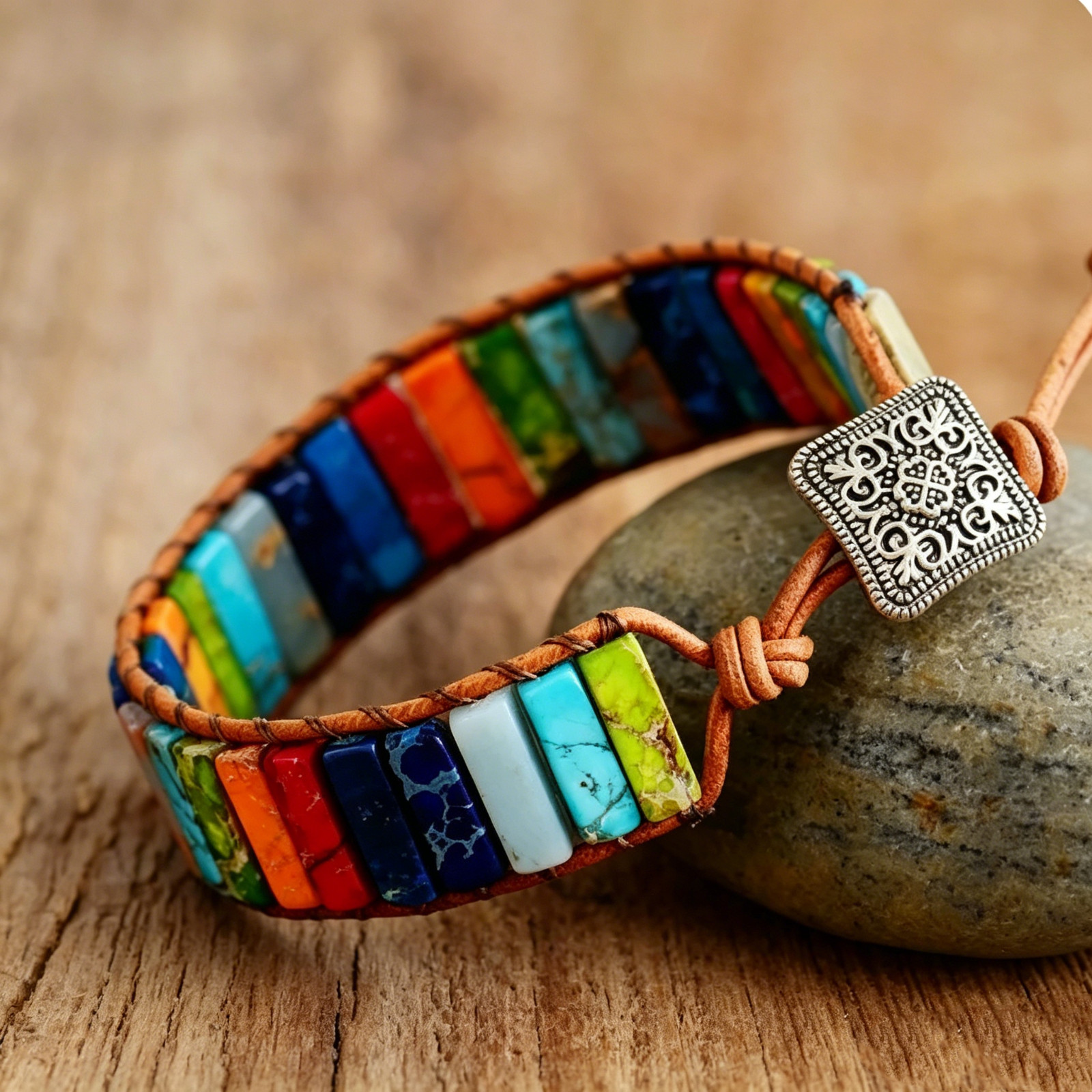 Chakra Rainbow Stone Beaded Leather Wrap Bracelet Boho Healing Jewelry For Women