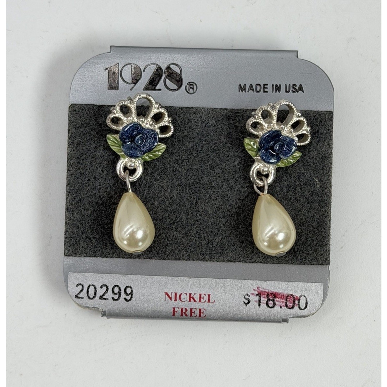 Vintage 1928 Nickle Free Blue Flower Pearl Earrings 14k GF Posts NEW NOS