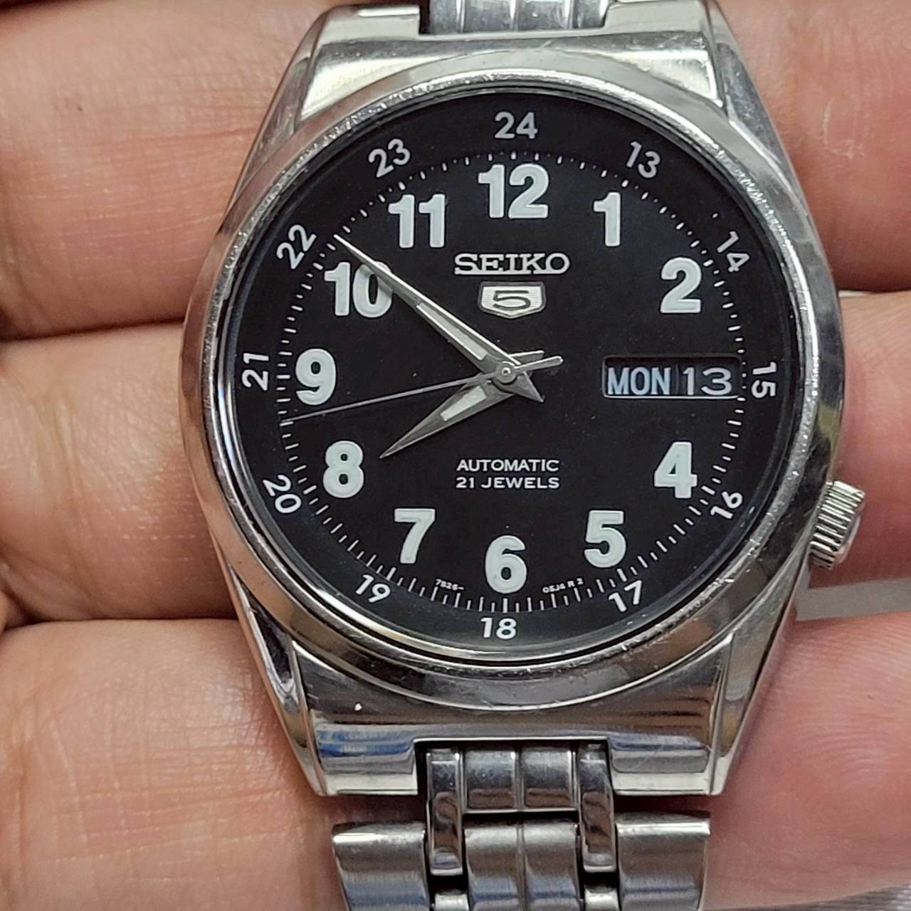 Vintage Seiko 5 Automatic SNK381K1 Military Black Dial Full Lume Numbers Watch
