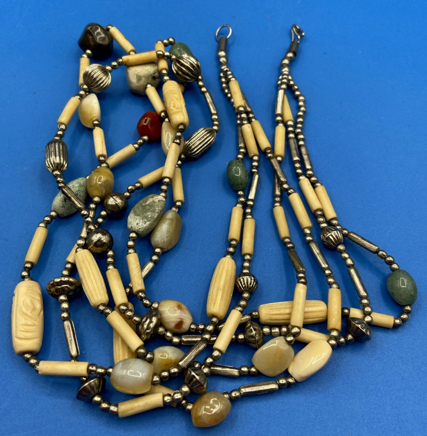 NECKLACE vtg long 3 strand natural materials stones bovine bone metals Boho 31″