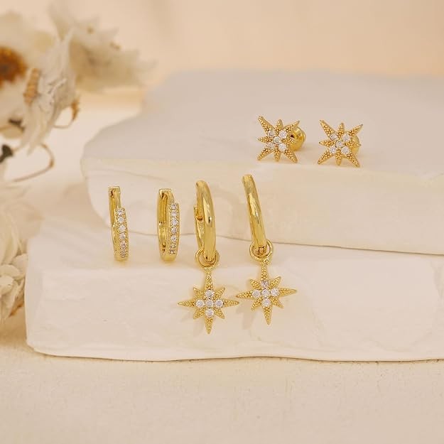 14k Gold Plated Earring Stack Hypoallergenic Pearl Drop Huggie Hoop Earrings New