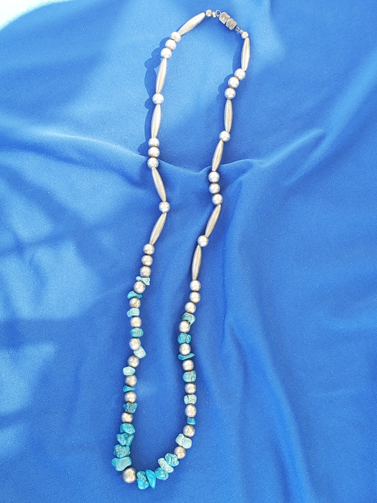 Original NATIVE VINTAGE NAVAJO TURQUOISE STERLING SILVER Beads NECKLACE 21″ INCH