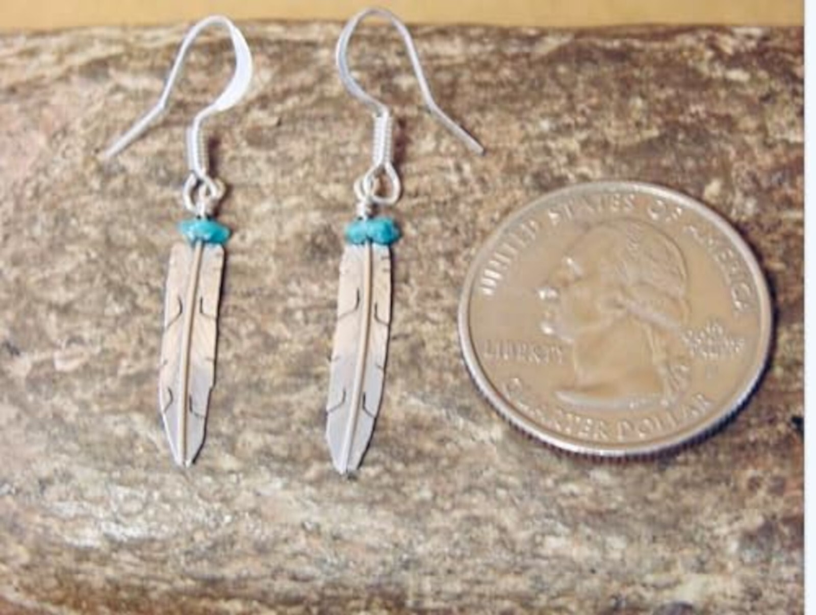 Native American Navajo Indian Sterling Silver Feather Dangle Earrings Turquoise