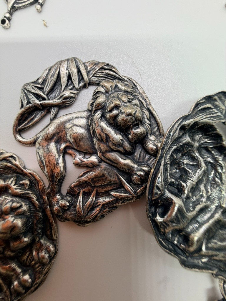 Vintage Silver Coated Brass Jungle Lion Stampings Findings Lot of 3