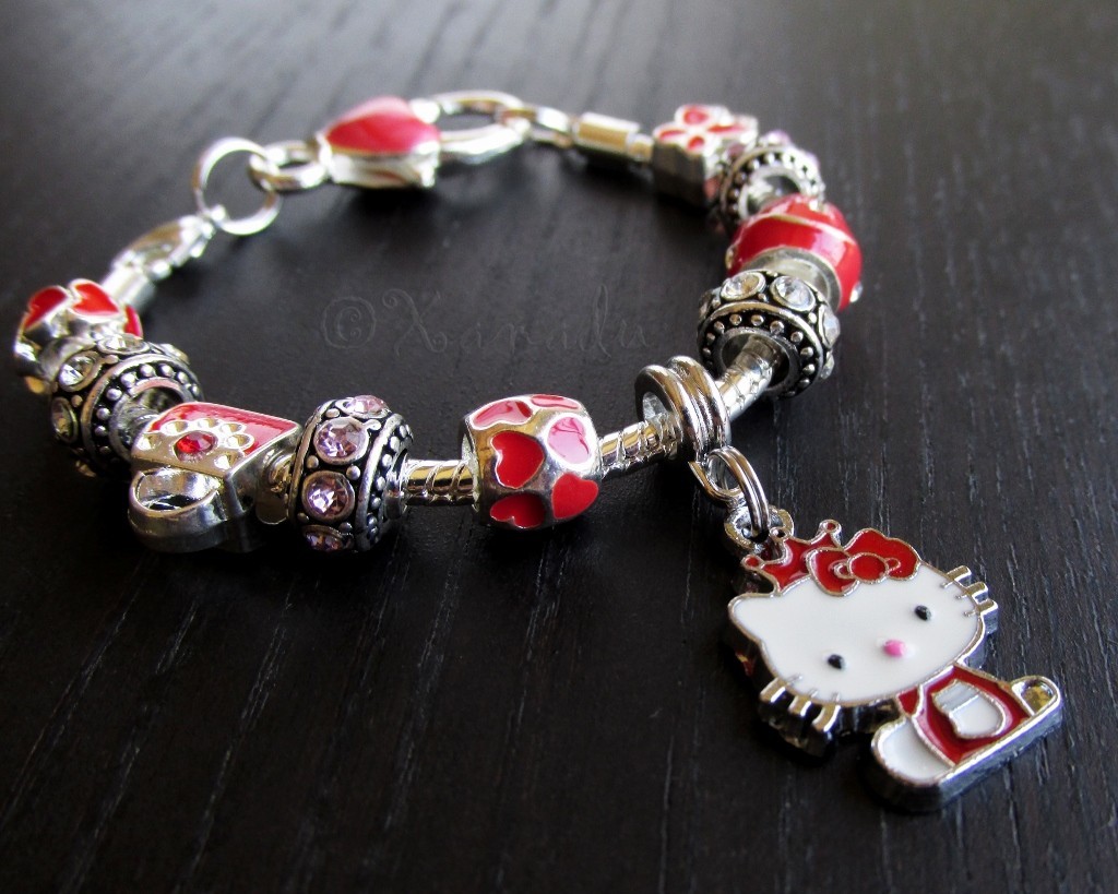Red Hello Kitty Princess European Charm Bracelet With Ruby Red Rhinestone Beads