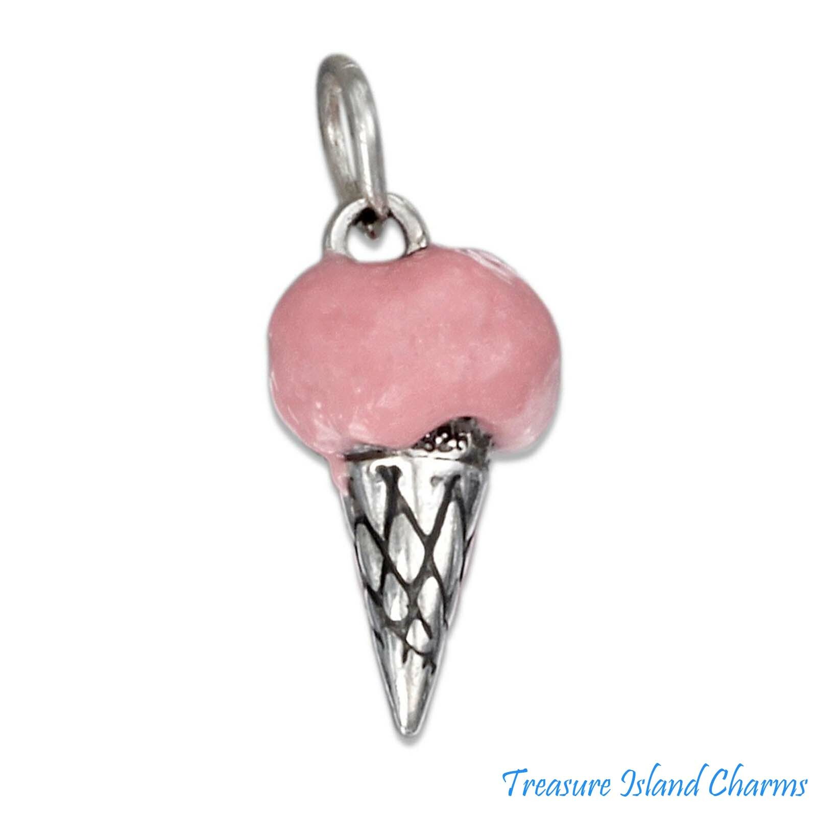 Pink Enamel Strawberry Flavor Ice Cream Cone 3D 925 Solid Sterling Silver Charm