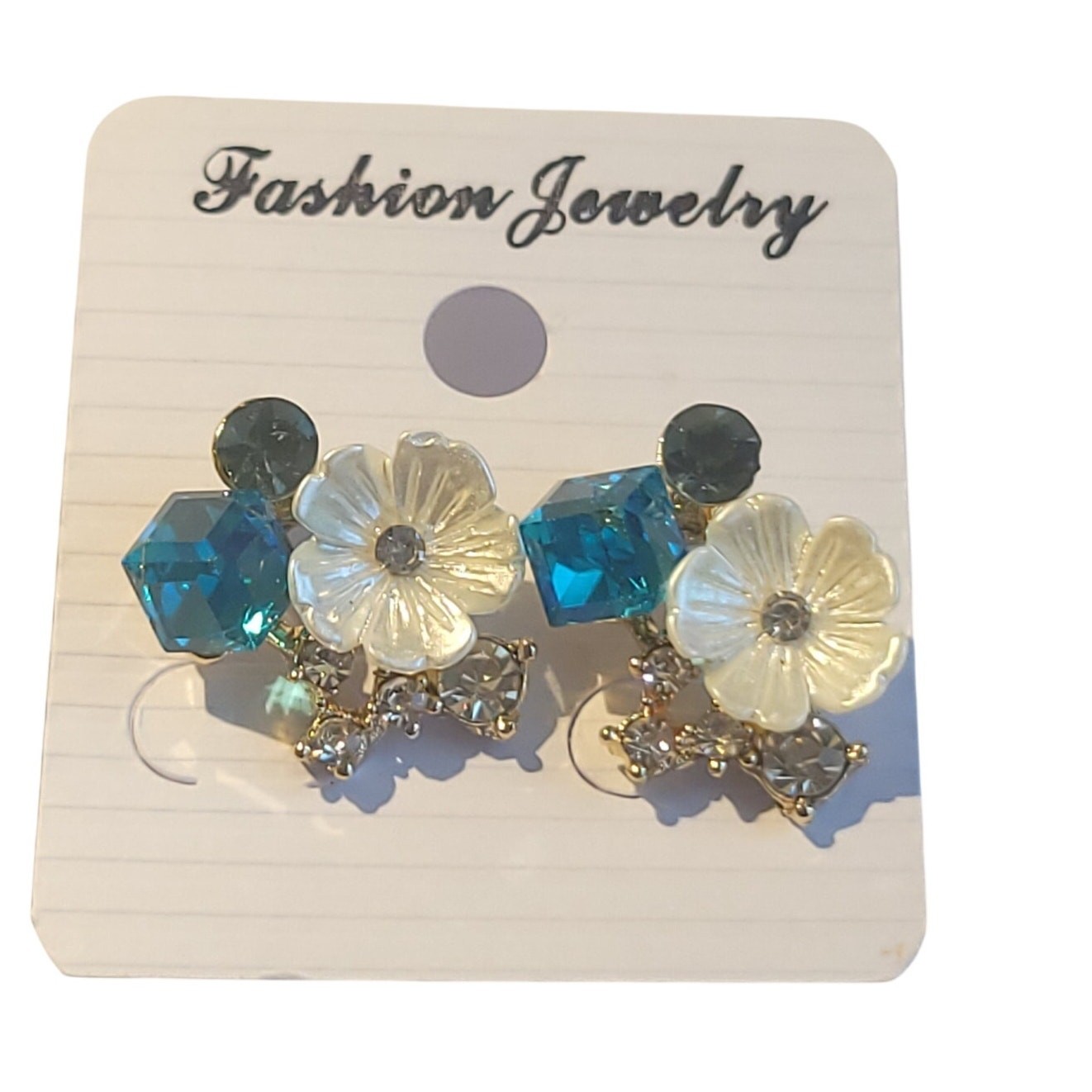 Flower Earring Teal Square Dark Green Rhinestone Jewelry Elegant Stud Gift Bag