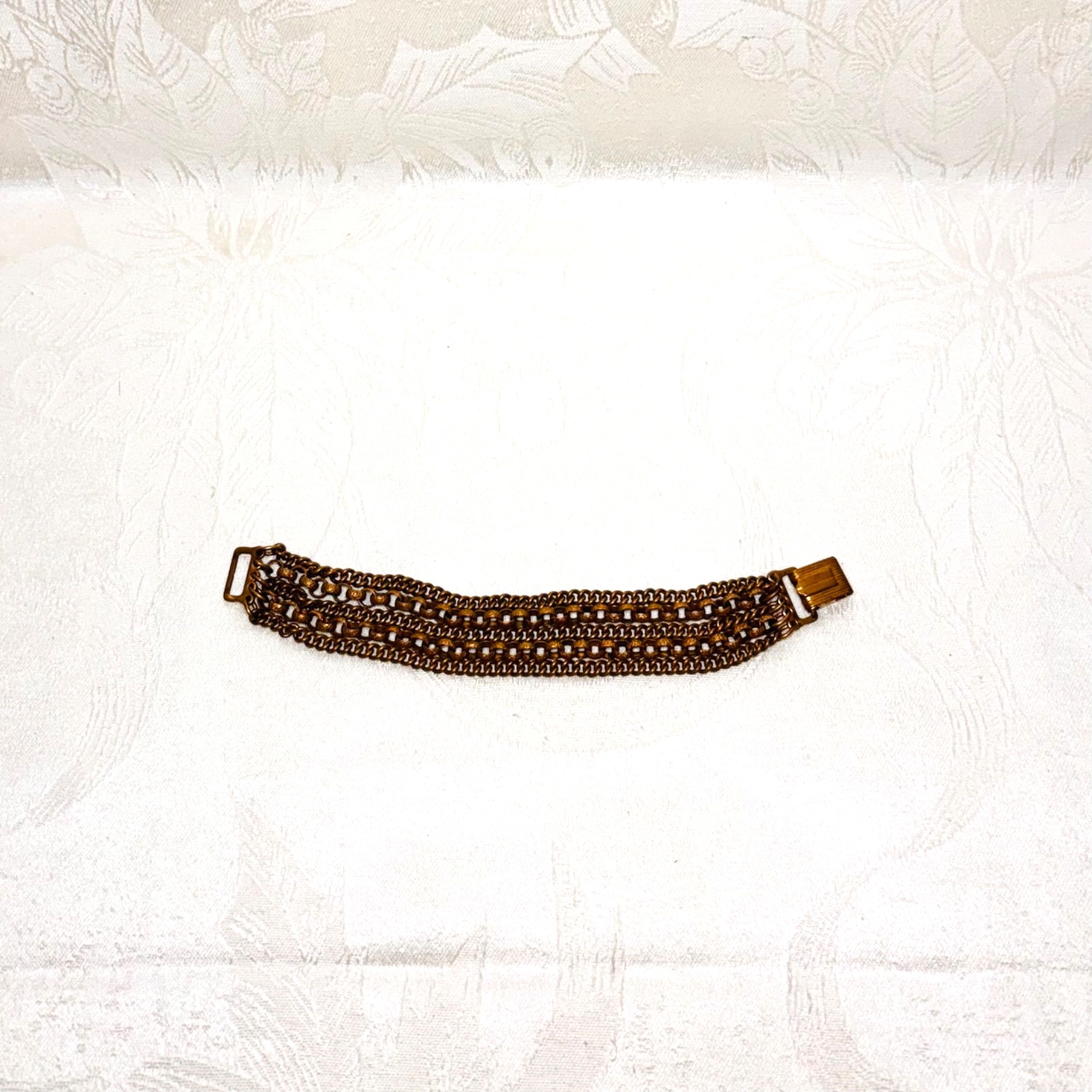 BRACELET brass metal five cable curb chains fold over clasp vintage 6 1/4″ circ