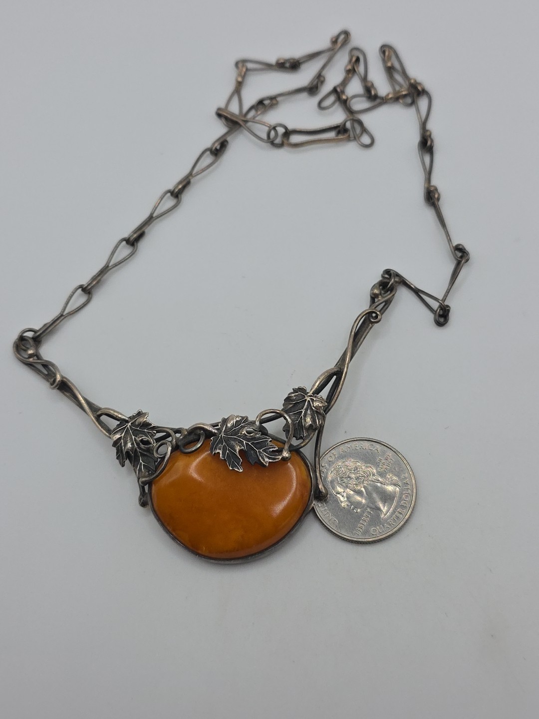 Vintage Sterling Silver 925 Orange Egg Yolk Amber Necklace 18″ 32g