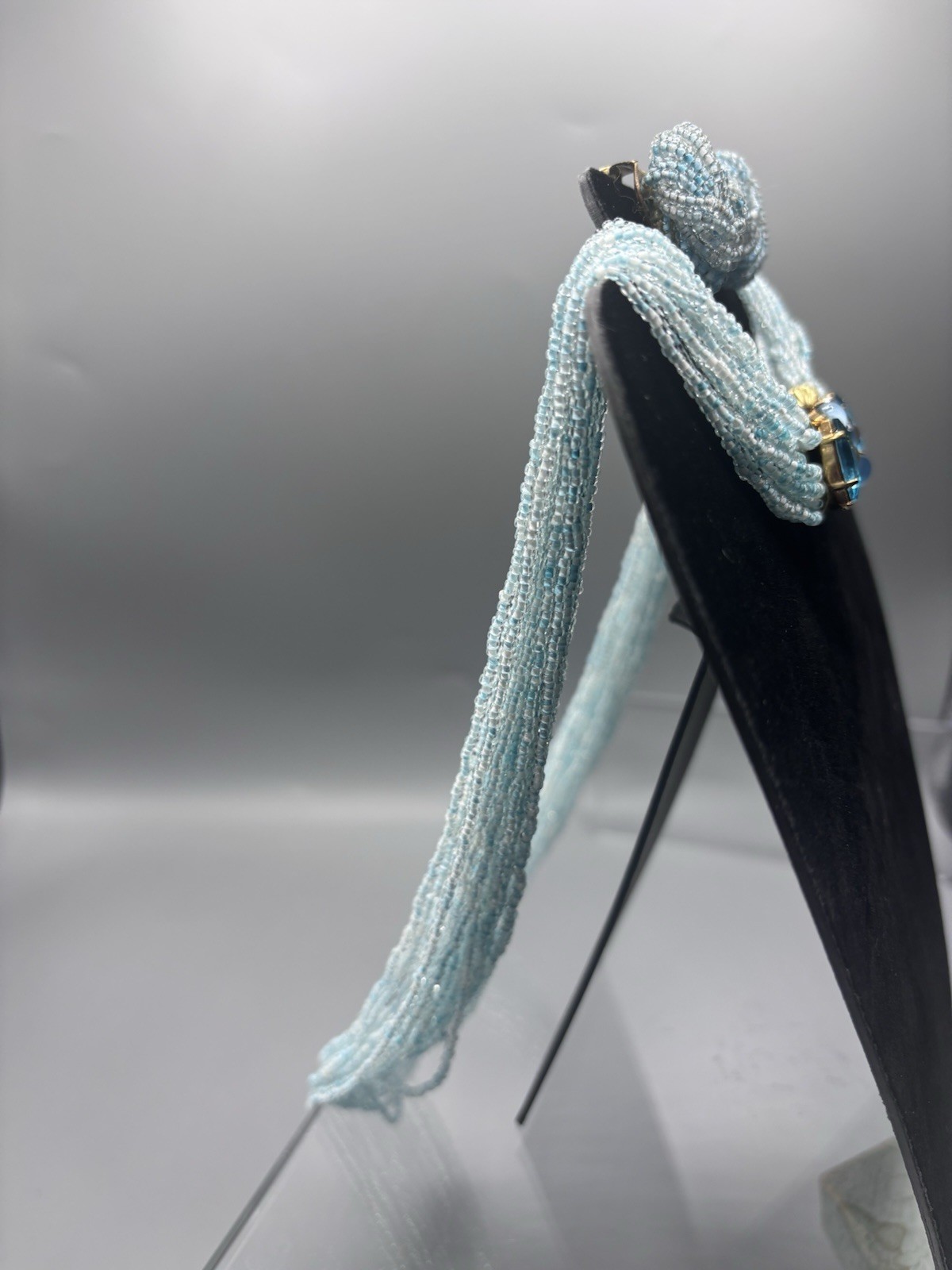 Vintage Glass Seed Bead Aqua Multi Strand Statement Necklace W/ Earrings 50’s