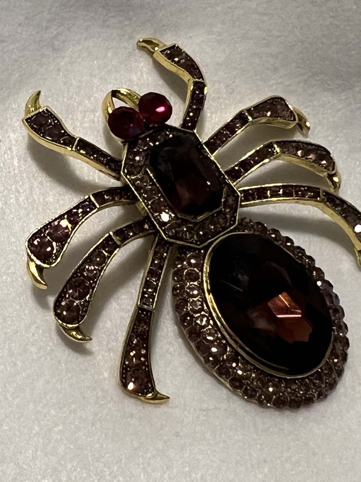 Spider Brooch Gold Tone Metal Red Burgundy