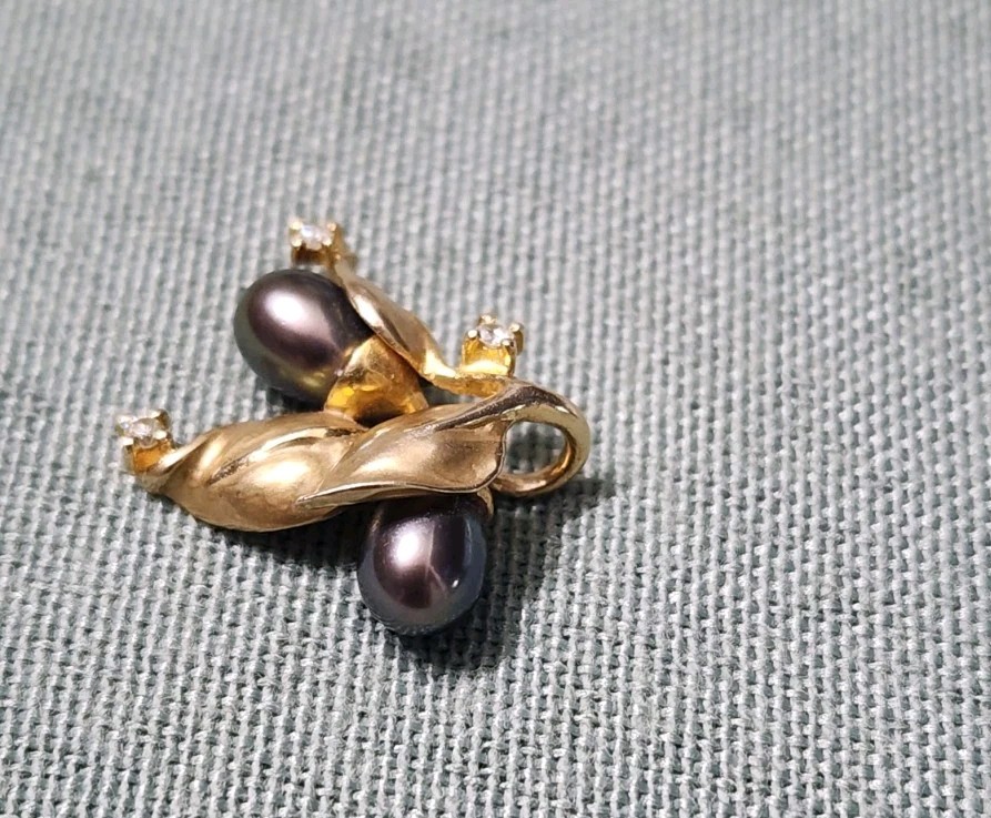 Vintage 14K Gold Tahitian Black Pearl Diamond Leaf Spray Pendant 585 Solid 2g