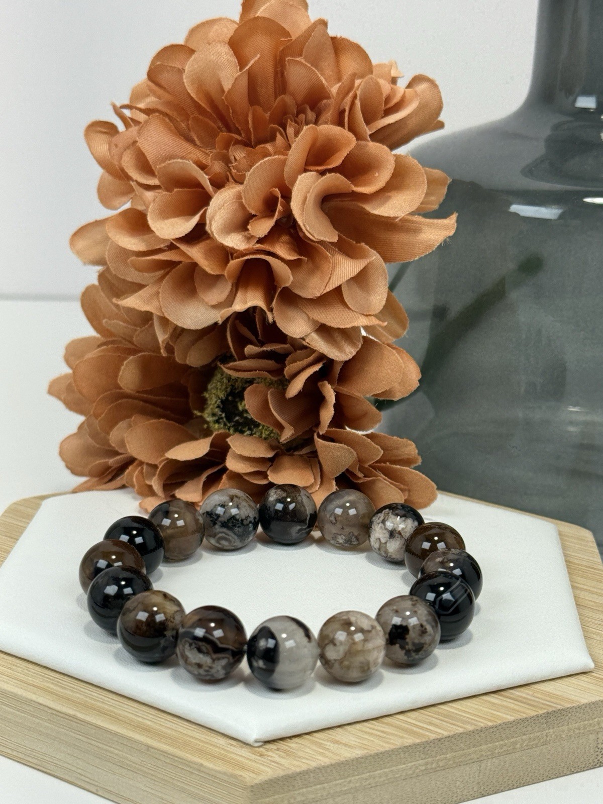 Flower Agate Black Bead Bracelet 13MM